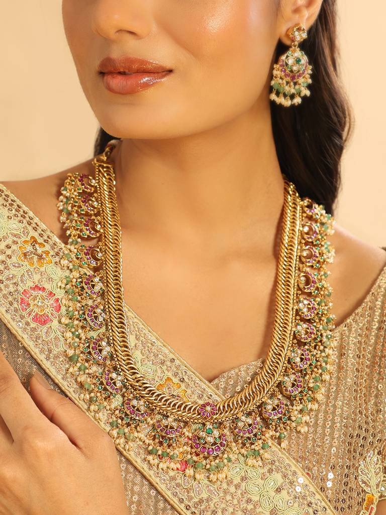 18K Gold Plated Estele Gold Tone Beaded Long Necklace Set : YI24A0493N