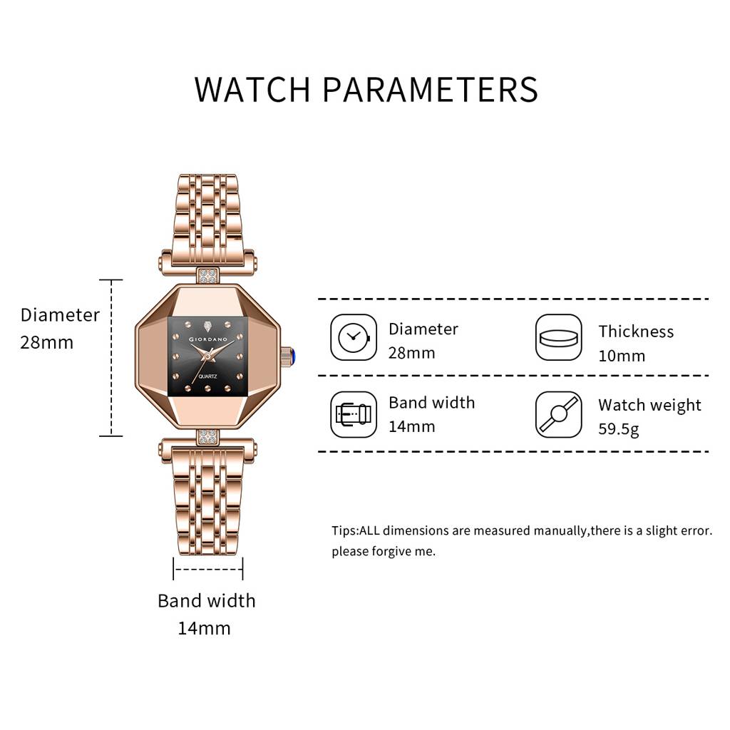 Giordano Dress Watch For Women Â Rose Gold Finish, Diamond Accented Octagonal Dial & Stainless Steel Strap-Gz- : GZ-60096-11
