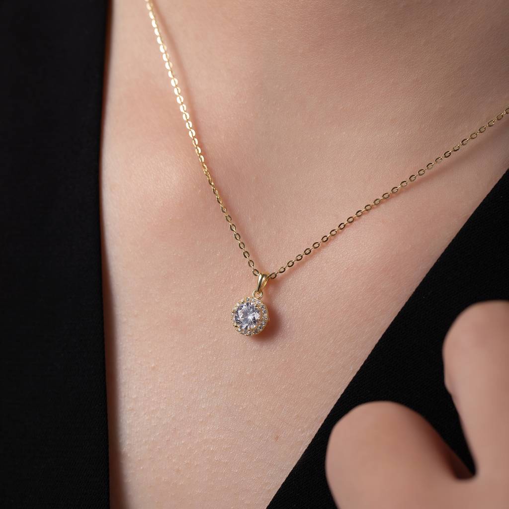 Radiant Gold Plated Silver Necklace With Dazzling Halo Zircon Pendant : BRD65G