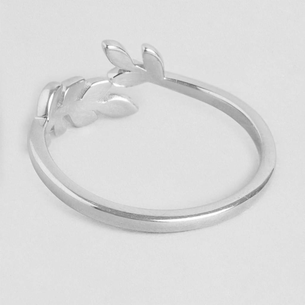 Graceful Rhodium Plated 925 Sterling Silver Leaf Ring : RNG-40149-R