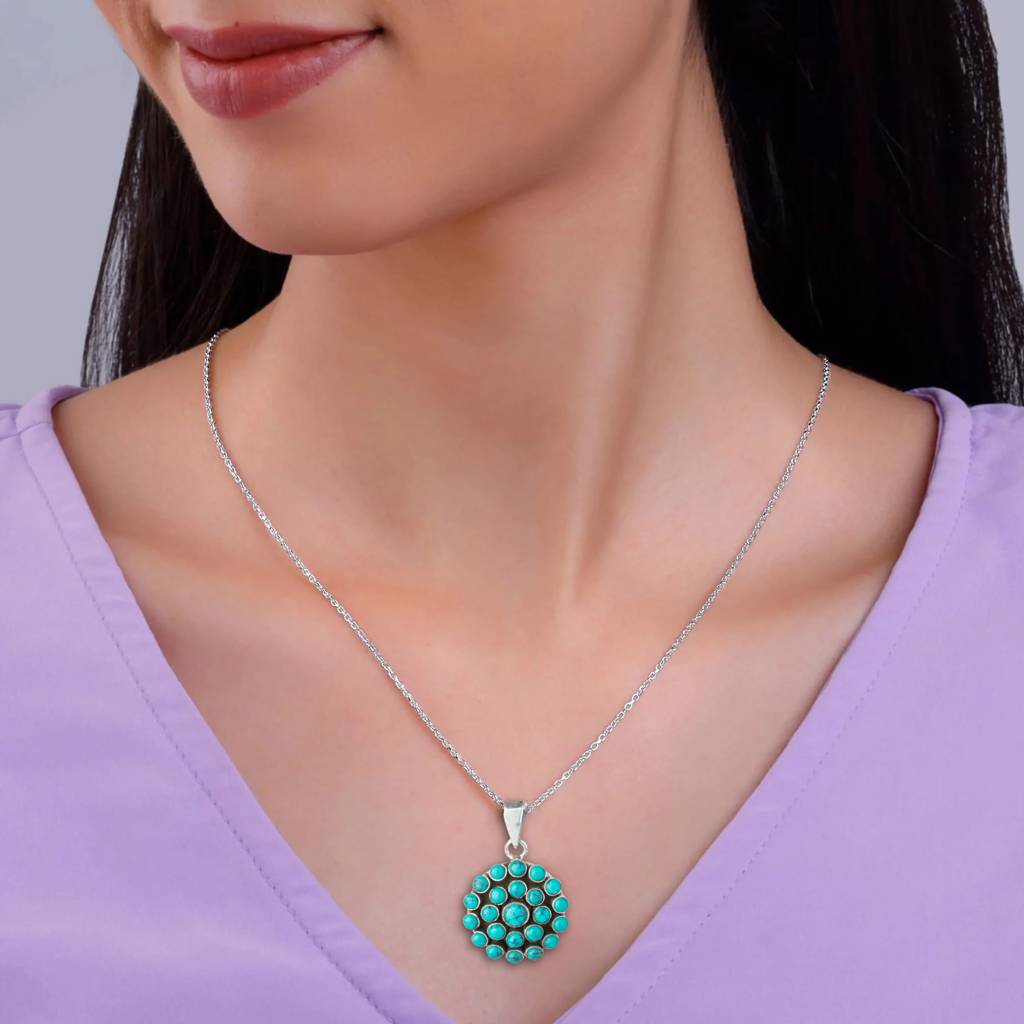 925 Sterling Silver Turquoise Pendant With 18 Inch Chain | Gemstone Pendant Necklace | Handmade Jewelry Gift : FU-0755