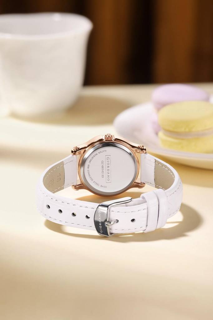 Giordano Luxury Analog Quartz Watch For Women Â Rose Gold Case, Roman Numerals, Crystal-Studded Dial, Leather  : GZ-60142-33