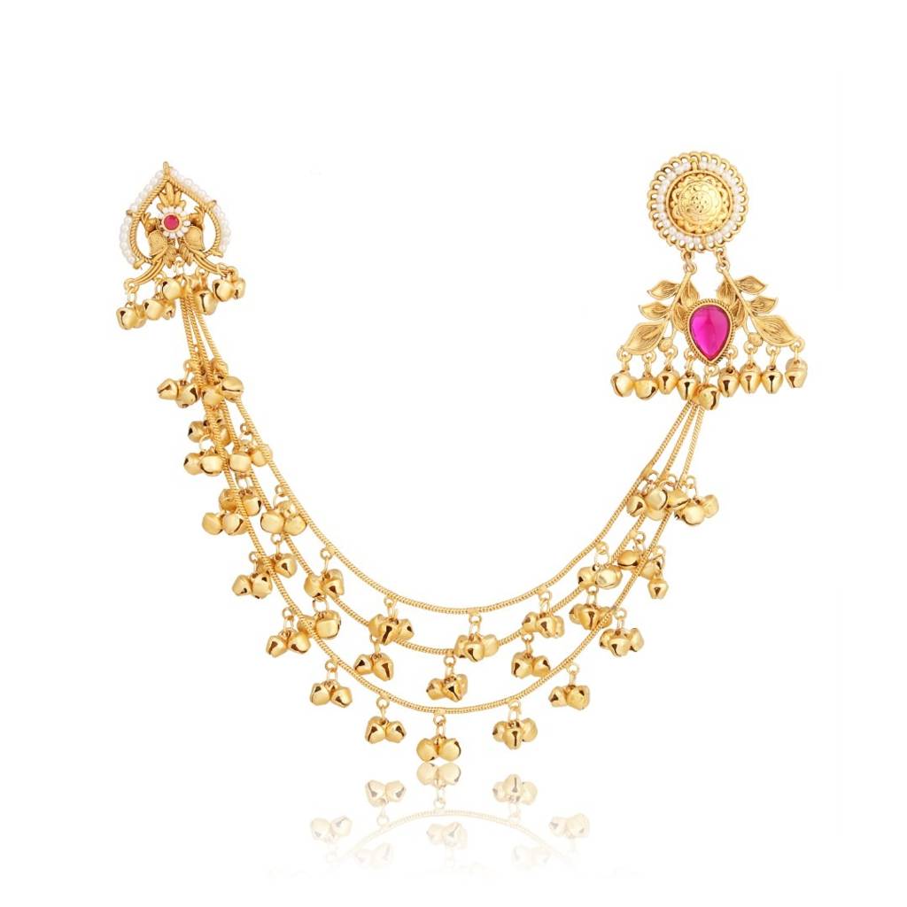 Gold Plated Studs With Ear Chains : S24KCER648RED
