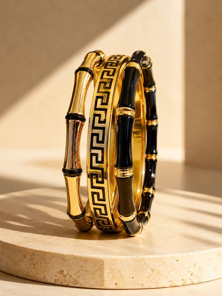 Black & Gold Designer Bracelet Stack – Set Of 3 : CBR002BGD