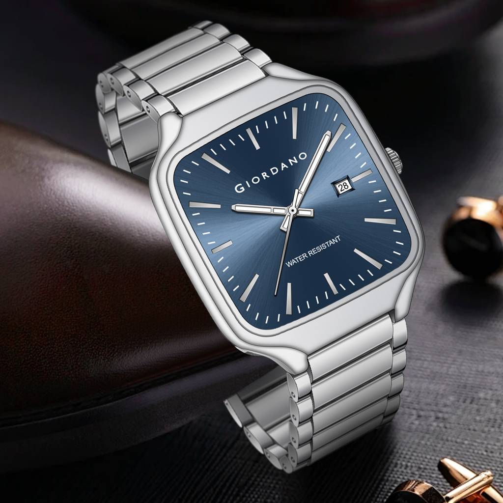 Giordano Analog Watch For Men Â Square Dial, Stainless Steel Strap, Date Display, Water Resistant Classic Dres : GZ-50163-22