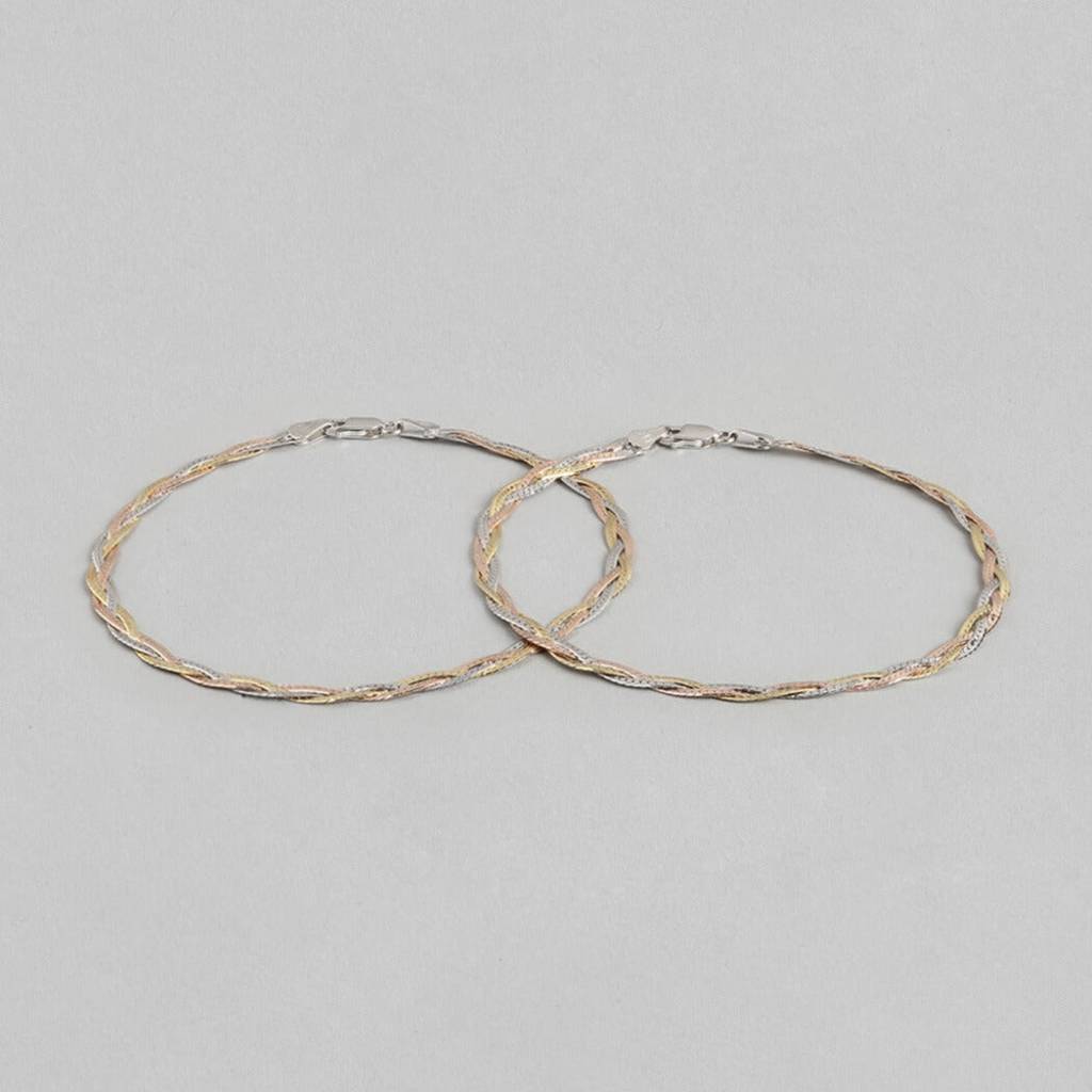 Triple Tone Braided 925 Silver Anklet : ANK-60049-PAIR
