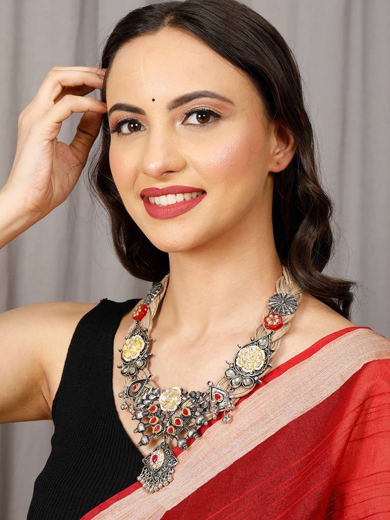 Silver-Plated Meenakari Work Antique Design Oxidised Bohemian Jute Necklace : VI24NK0014