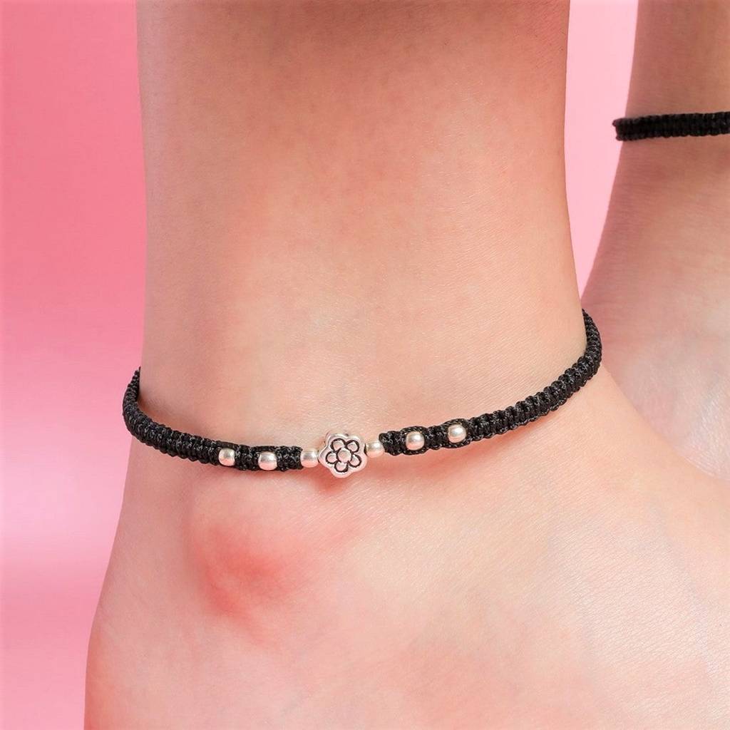 Unifloral Rhodium Plated 925 Sterling Silver Thread Anklet : ANK-60219-PAIR