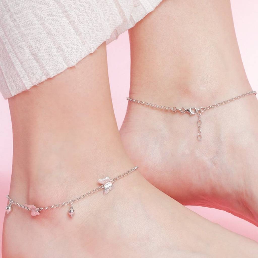 Triple Butterfly Rhodium Plated 925 Sterling Silver Anklet : ANK-60249-PAIR