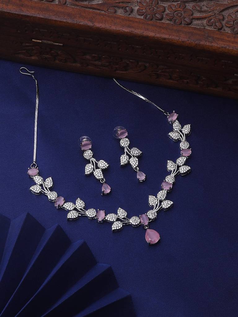 Floral Leaf Pink Crystal Necklace Set With Matching Earrings For Women : Sapna-JS