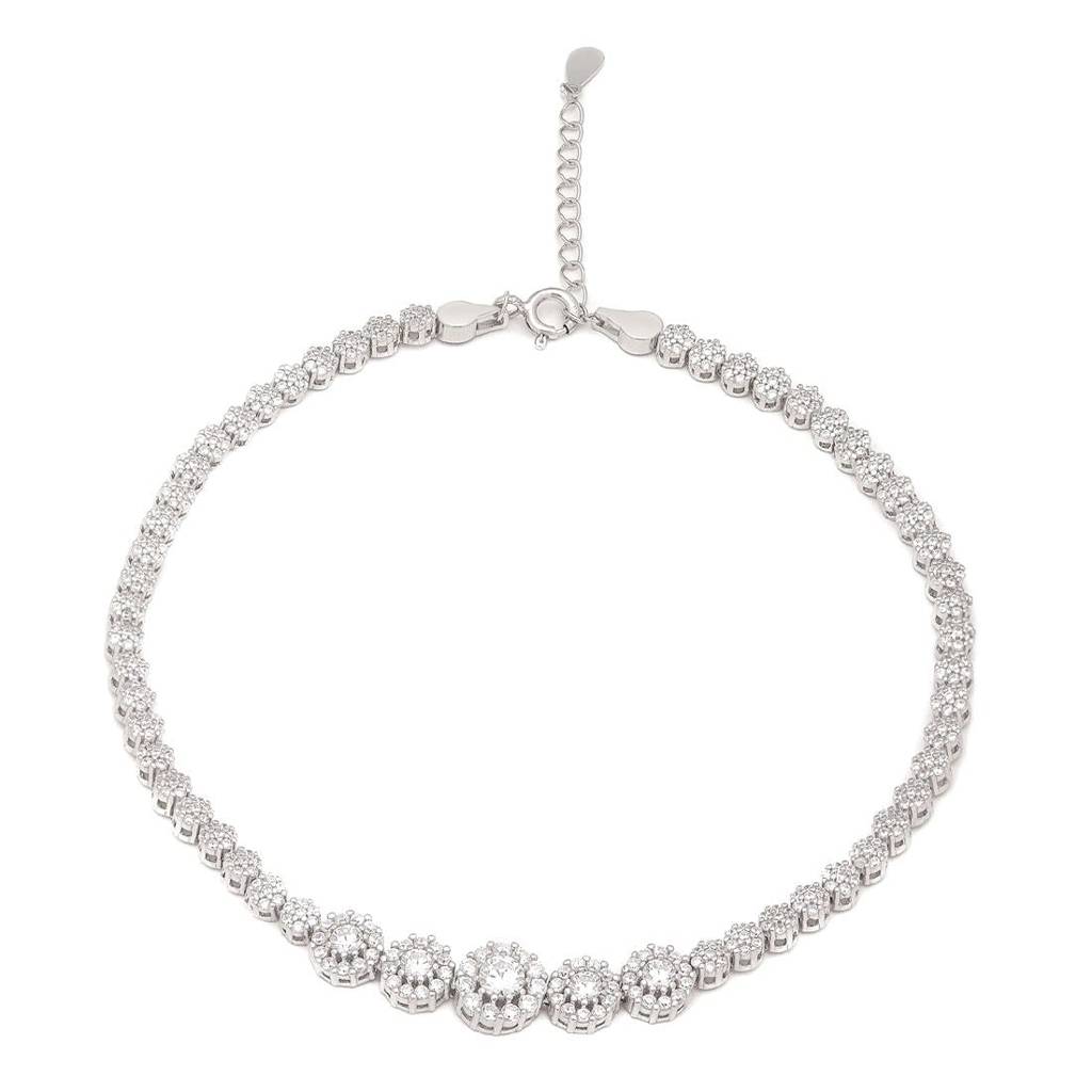 Glimmering Fusion Floral Cz Rhodium Plated 925 Sterling Silver Anklet : ANK-60268-PAIR-R