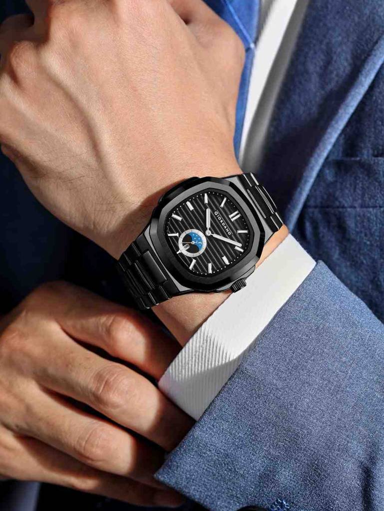 Giordano Analog Watch For Men Â Classic Moon Phase Design With Textured Dial, Durable Stainless Steel Strap, A : GZ-50179-11