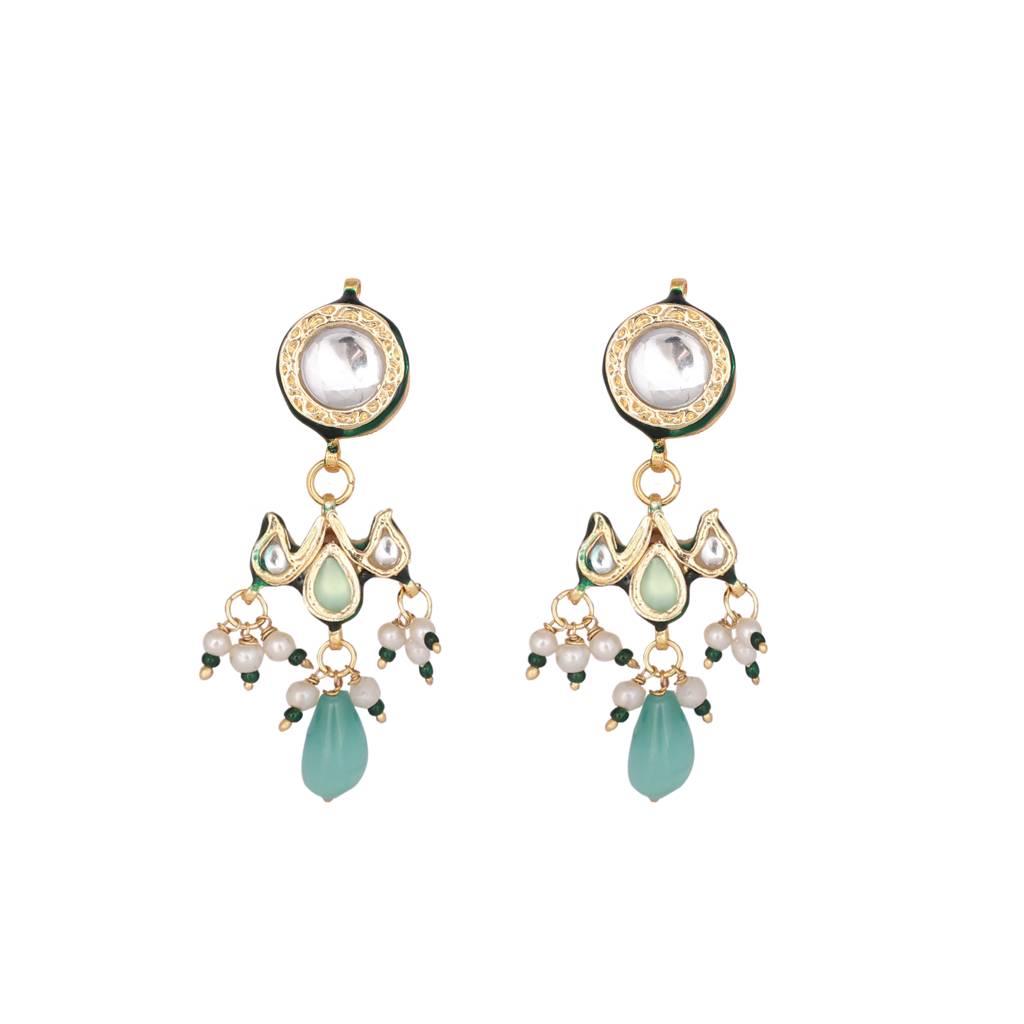 22K Gold Plated Pearl Empress Flora Green Stone Drops Necklace Set : YI24A0446N