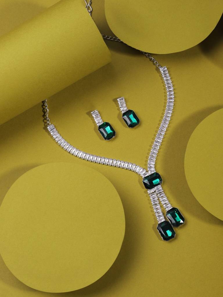 Premium Emerald Green Crystal Jewellery Set For Women : GREENSTONED-JS
