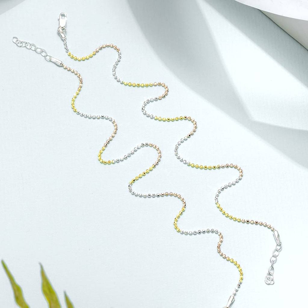 Elegant Triple Tone 925 Sterling Silver Beaded Chain Anklet : ANK-60164-PAIR