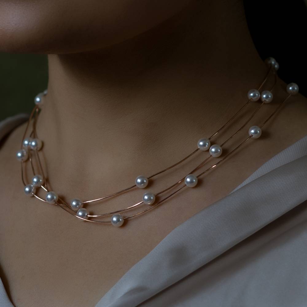 925 Silver Rose Gold Pearl Necklace | Faceted Crystal Necklace : NL1058