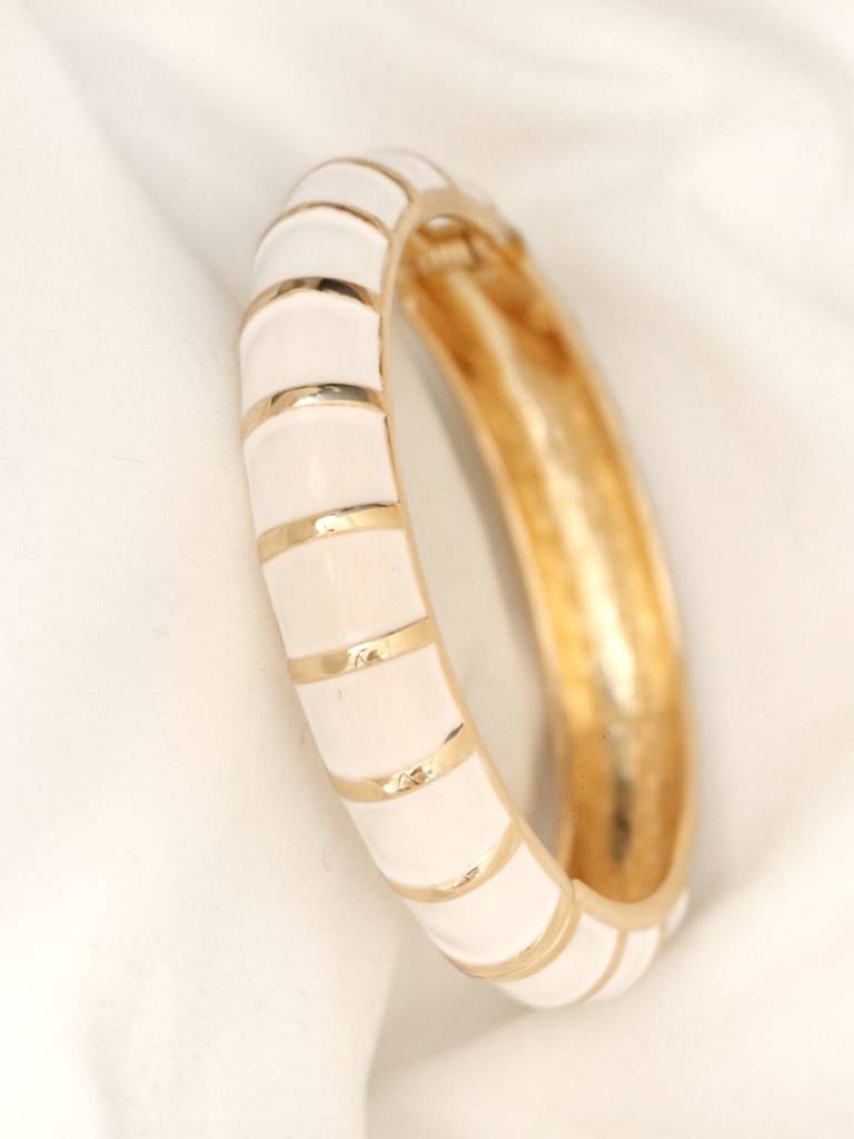 Ivory Stripe Enamel Gold Bracelet | Anti-Tarnish Everyday Bangle : ATB681WSEB