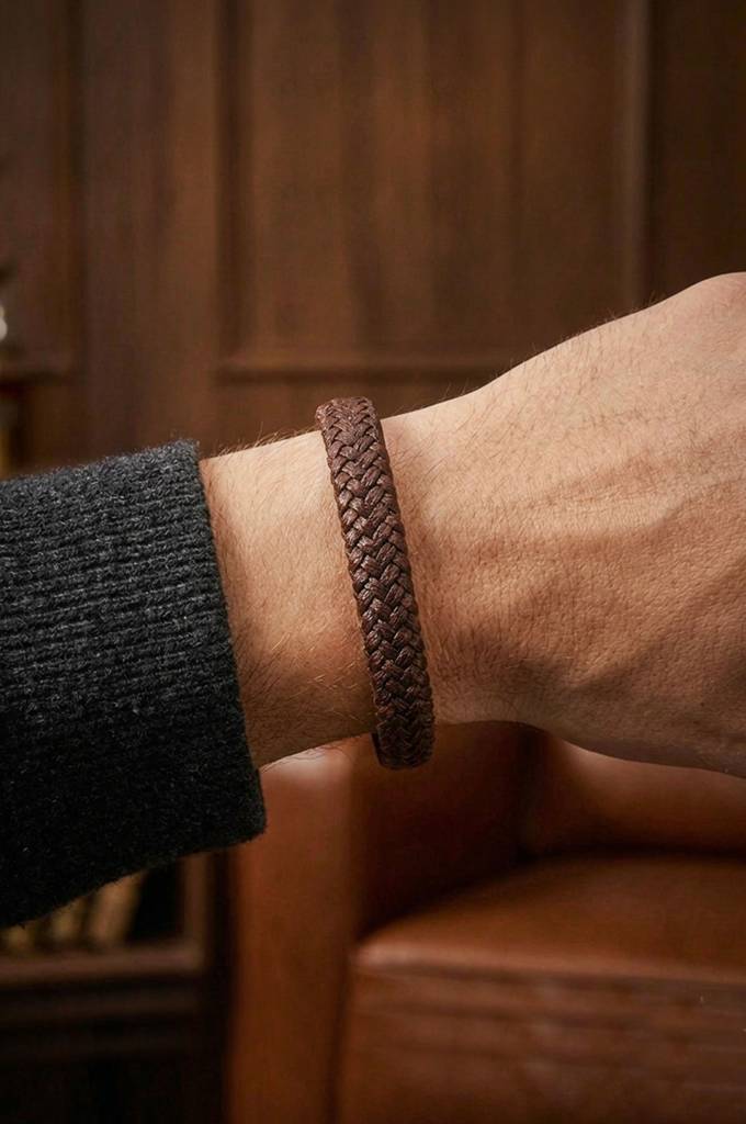 Men'S Braided Brown Leather Stainless Steel Bracelet : MSBBBL7D007