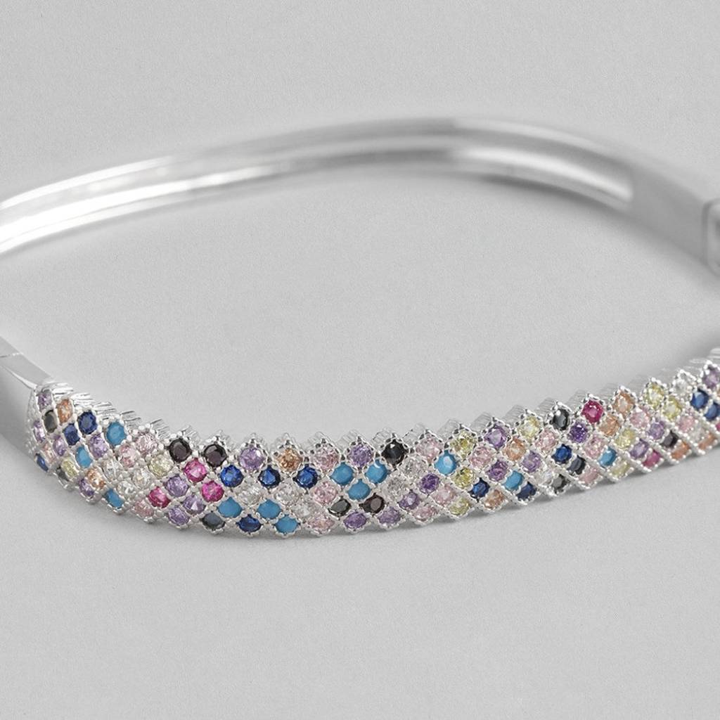 Radiant Elegance Coloured Cz Rhodium-Plated 925 Sterling Silver Kada Bracelet : BR-80334-R