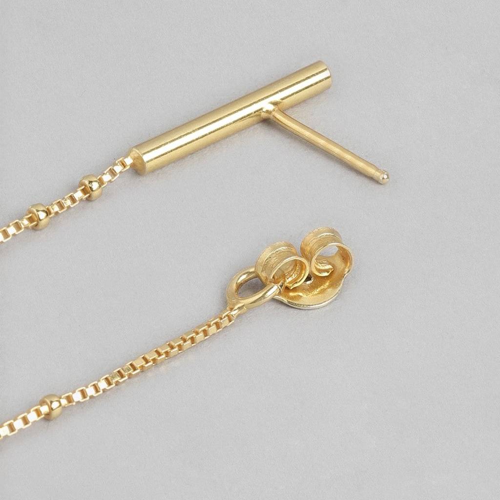 Golden Cascade 925 Sterling Silver Stud Earrings With Drop Chain Look : EAR-20424