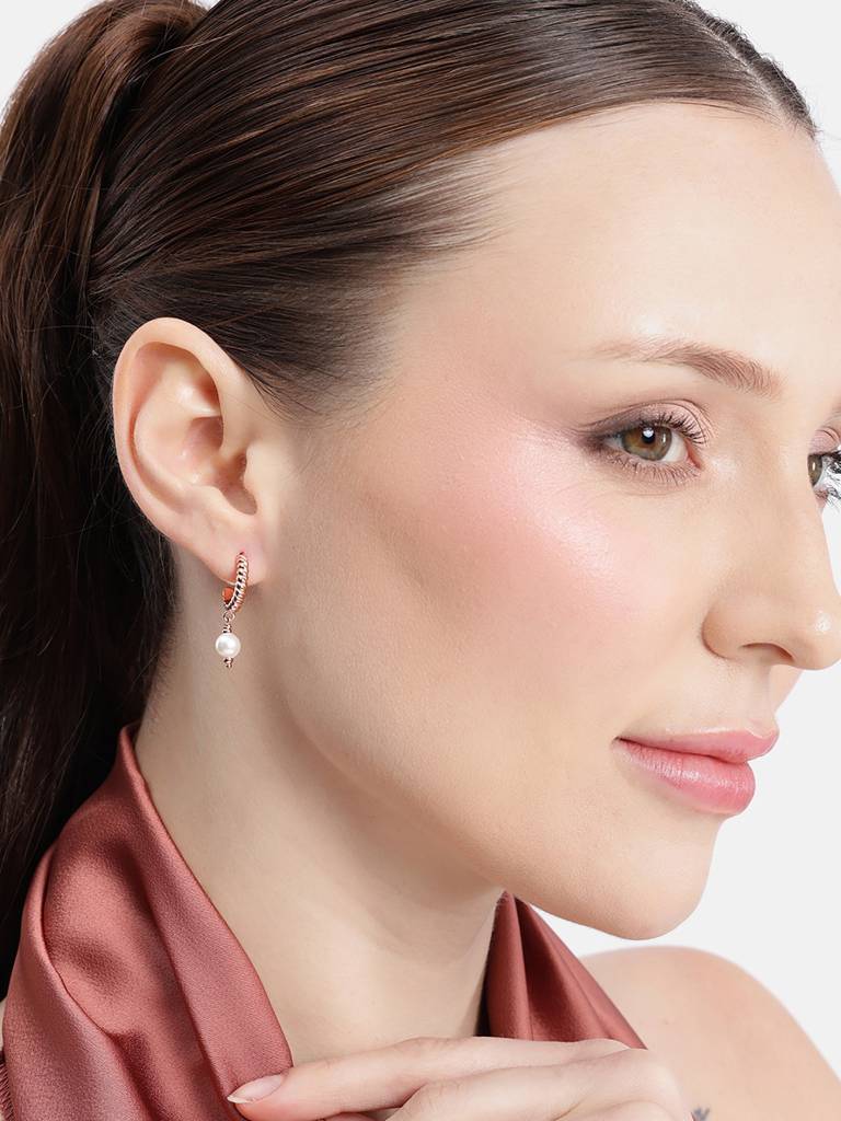 18Kt Rose Gold Plated Dangling Pearl Geometric Half Hoop Earring : FJE5877