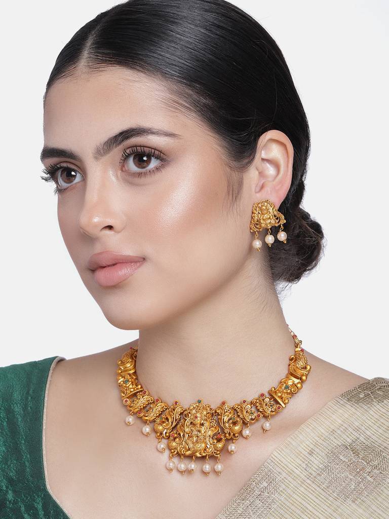 Estele Gold Plated Lakshmi Ji Nakshi Temple Necklace Set With Crystals & Pearls For Women : OS-5143-MEHNKER