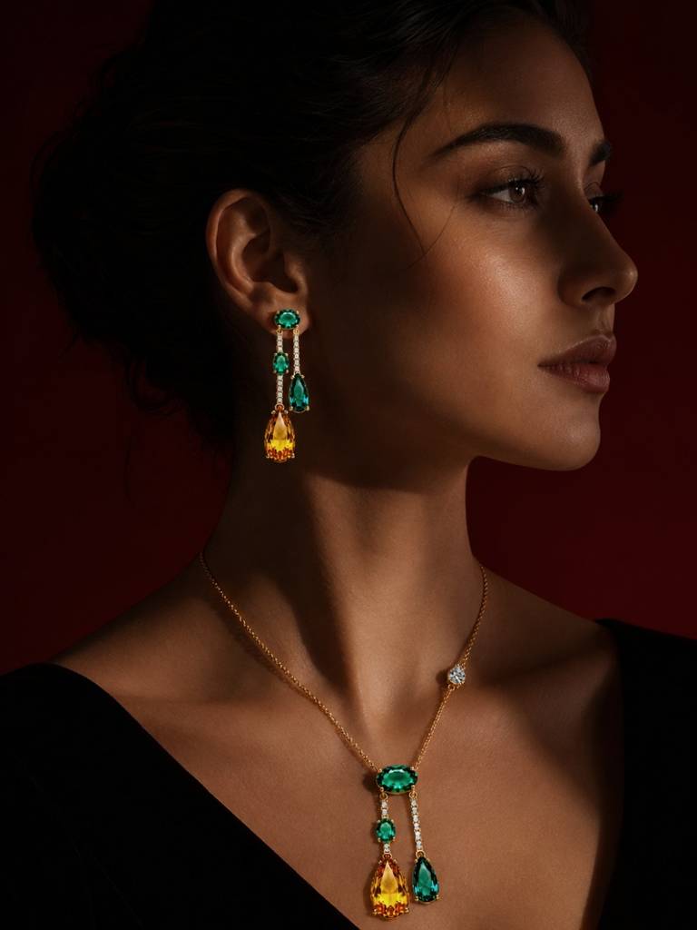 Vendemmia Emerald & Citrine Cascade Necklace & Earring Set, 18K Gold-Plated : SET961ESDS