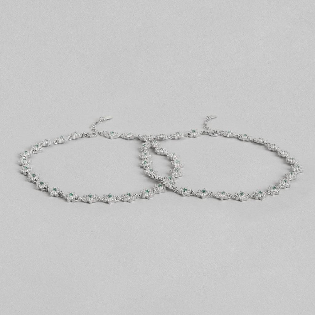 Floral Green Cz Rhodium Plated 925 Sterling Silver Anklet : ANK-60332-PAIR-R