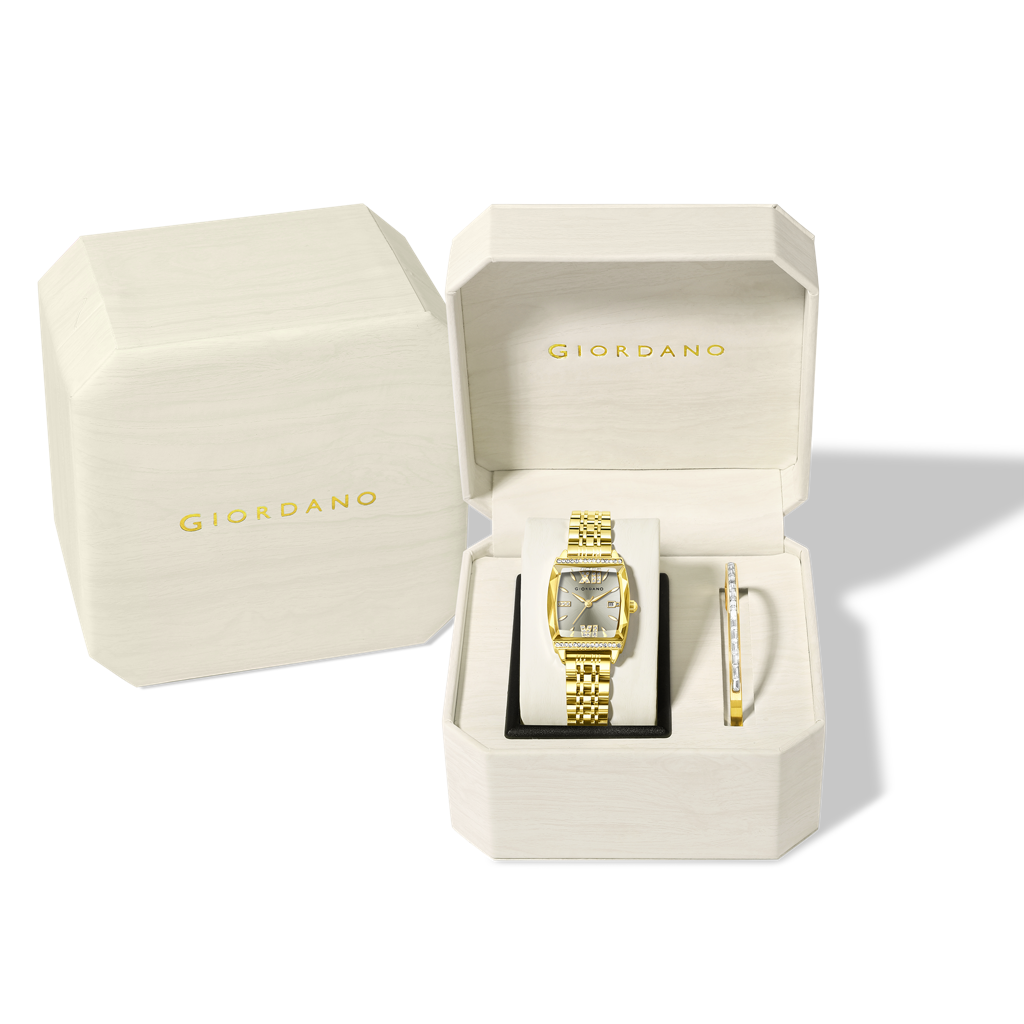 Giordano Analog Watch With Bracelet Set For Women – Cut Glass Square Dial, Crystal Roman Indices And Stainless S : GZ-60117-55