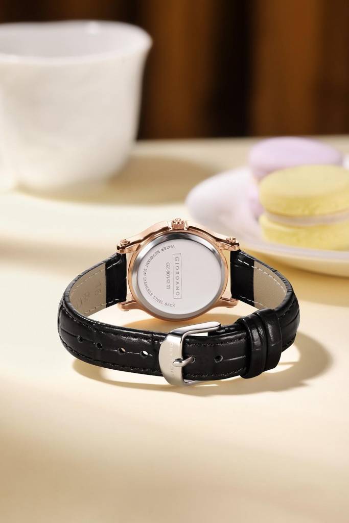Giordano Luxury Analog Quartz Watch For Women Â Rose Gold Case, Roman Numerals, Crystal-Studded Dial, Leather  : GZ-60142-11