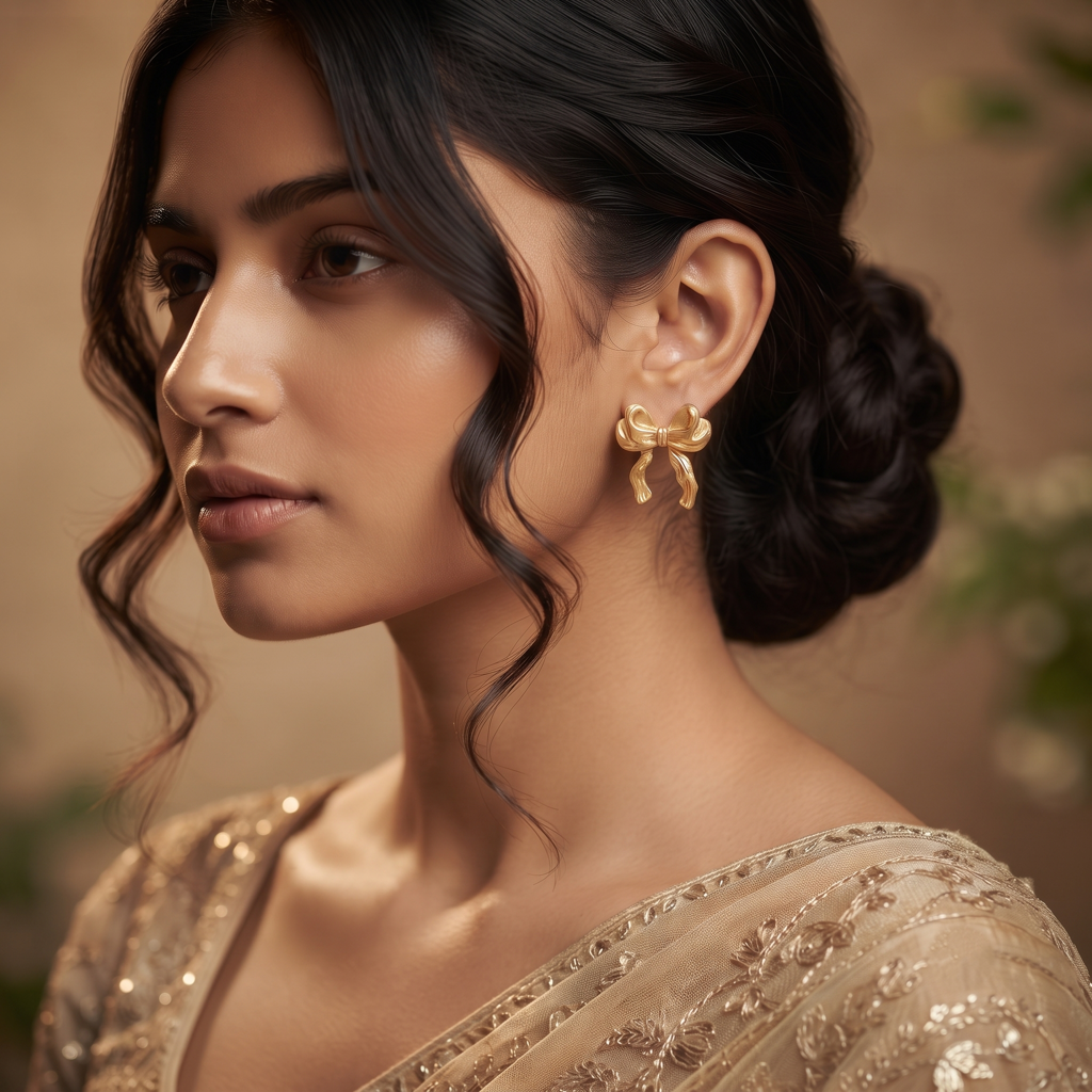 Gold Plated Brass Ribbon Bow Stud Earrings : SCDELER0462