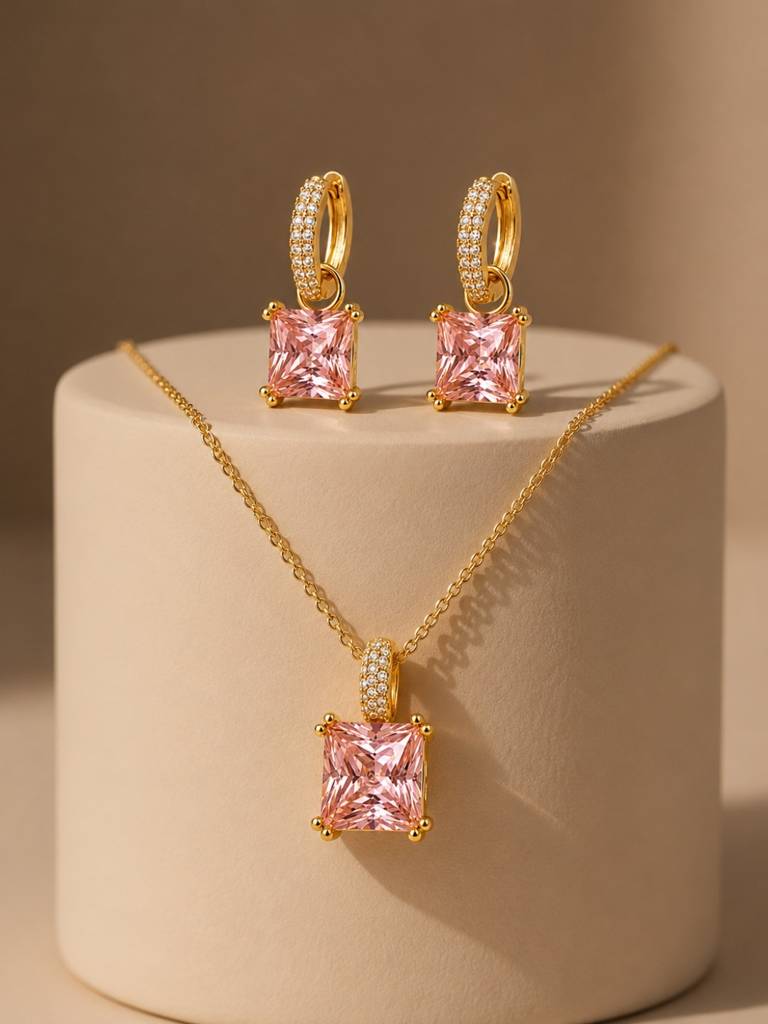 Square-Cut Pendant Necklace & Huggie Earring Set : SET1007PQSD