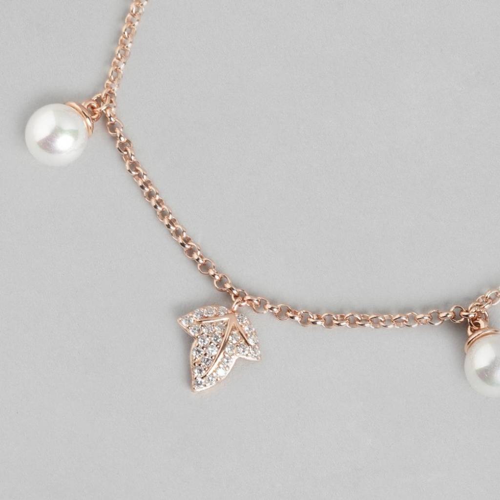 Twinkling Leaves And Cute Pearls Charm 925 Silver Bracelet : BR-80003