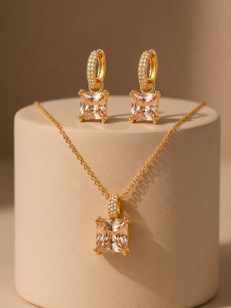 Square-Cut Pendant Necklace & Huggie Earring Set : SET1009CQSD