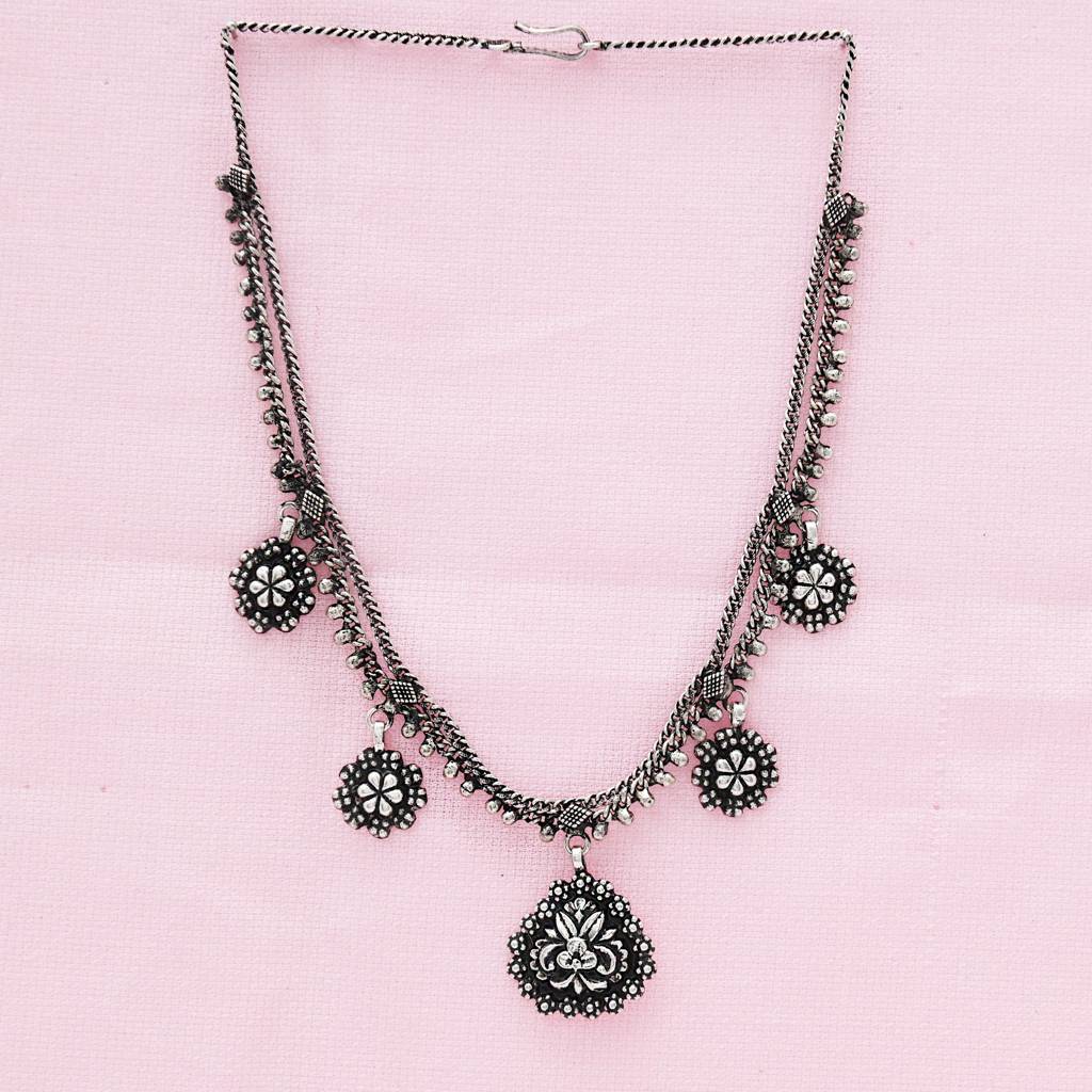 925 Pure Silver Antique Necklace & Earrings Set | Oxidized Silver Necklace Set : NL1015A
