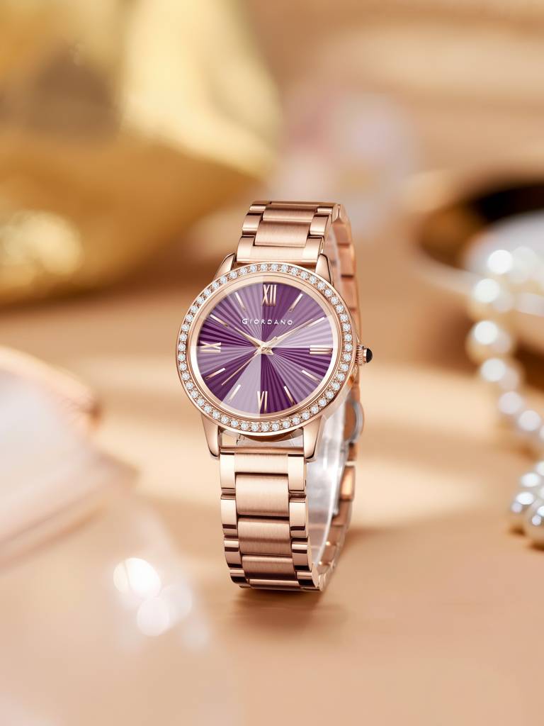 Giordano Classic Watch For Women With Round Diamond Cut Glass Dial, Elegant Stainless Steel Strap With Quartz Mo : GZ-60118-33