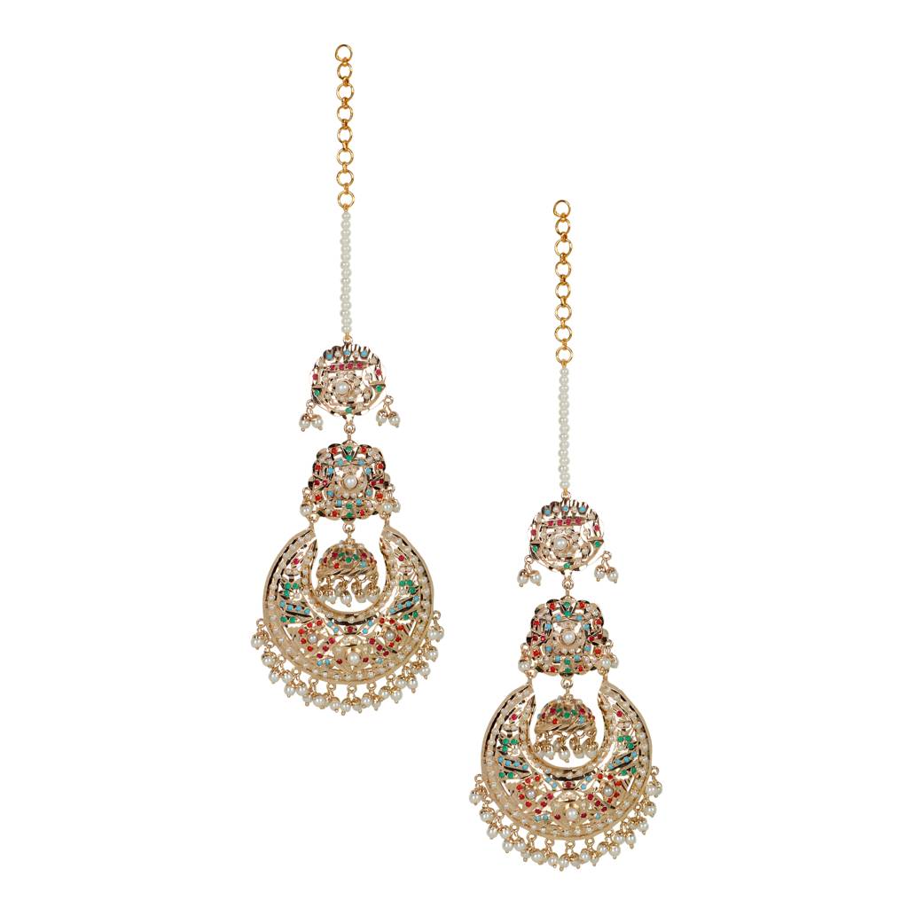 Navratan Jhumka Chaandbali Earrings With Kaanchain : ATQJ005