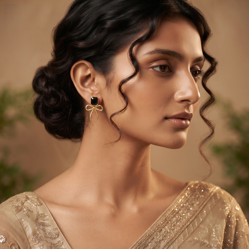 Gold Plated Brass Black Gem Bow Drop Earrings : SCDELER0463