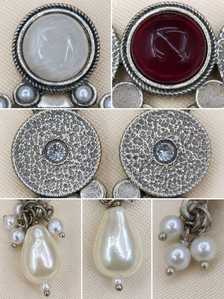 Silver Plated Oxidised Stone & Pearl Embellished Statement Chandbali Earrings : VI26EROX100338
