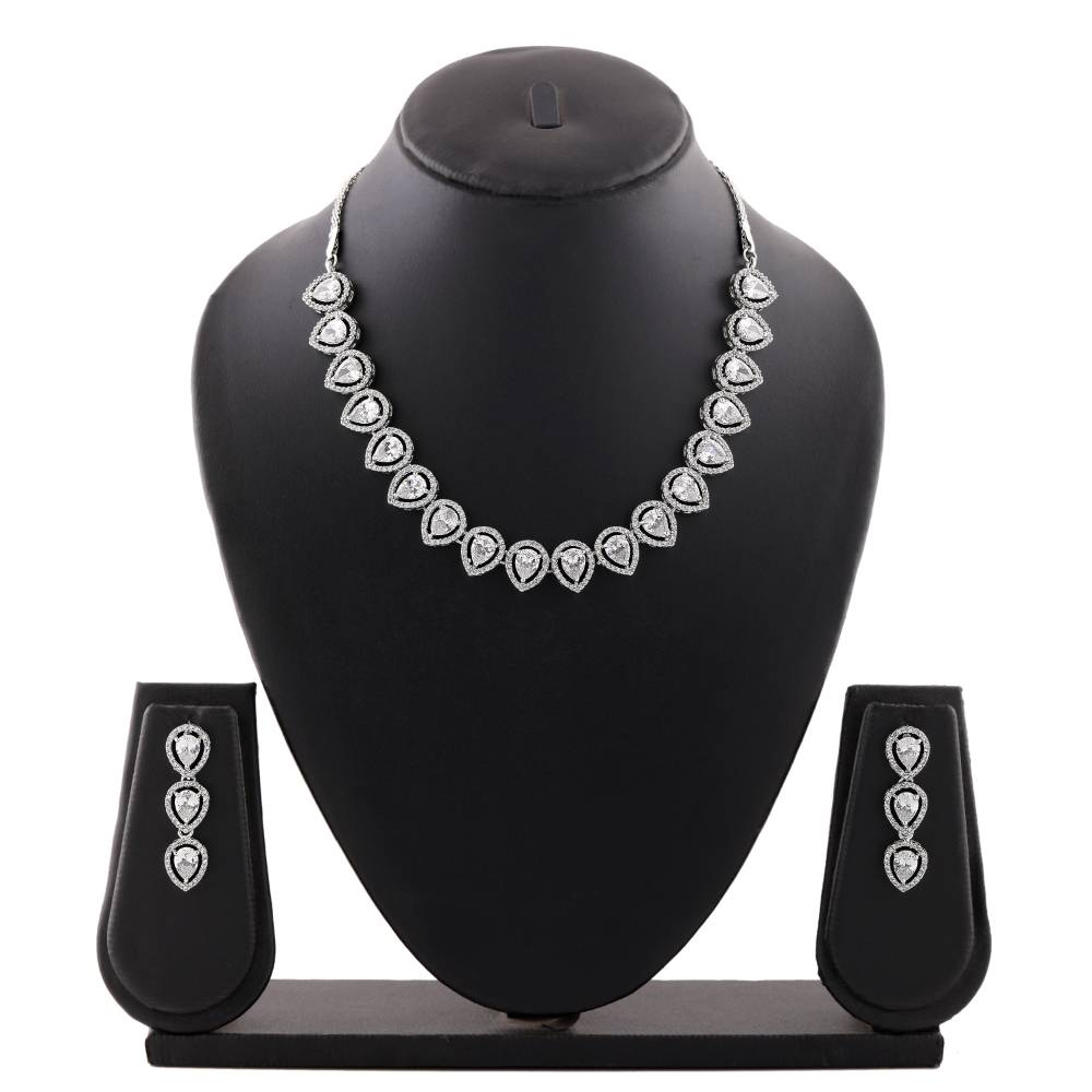Estele Rhodium Plated Cz Precious Pears Necklace Set For Women