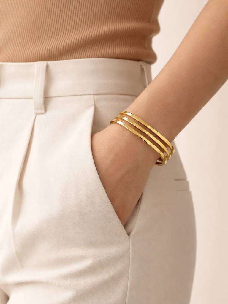 18K Gold Tri-Line Open Cuff Bracelet | Anti Tarnish Stainless Steel : ATB864TSCB