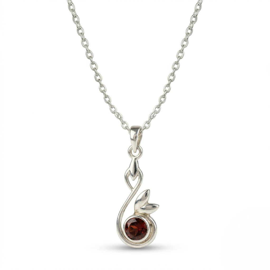 925 Sterling Silver Garnet Pendant With 18 Inch Chain | Gemstone Pendant Necklace | Elegant Silver Jewelry Gift : FU-0716