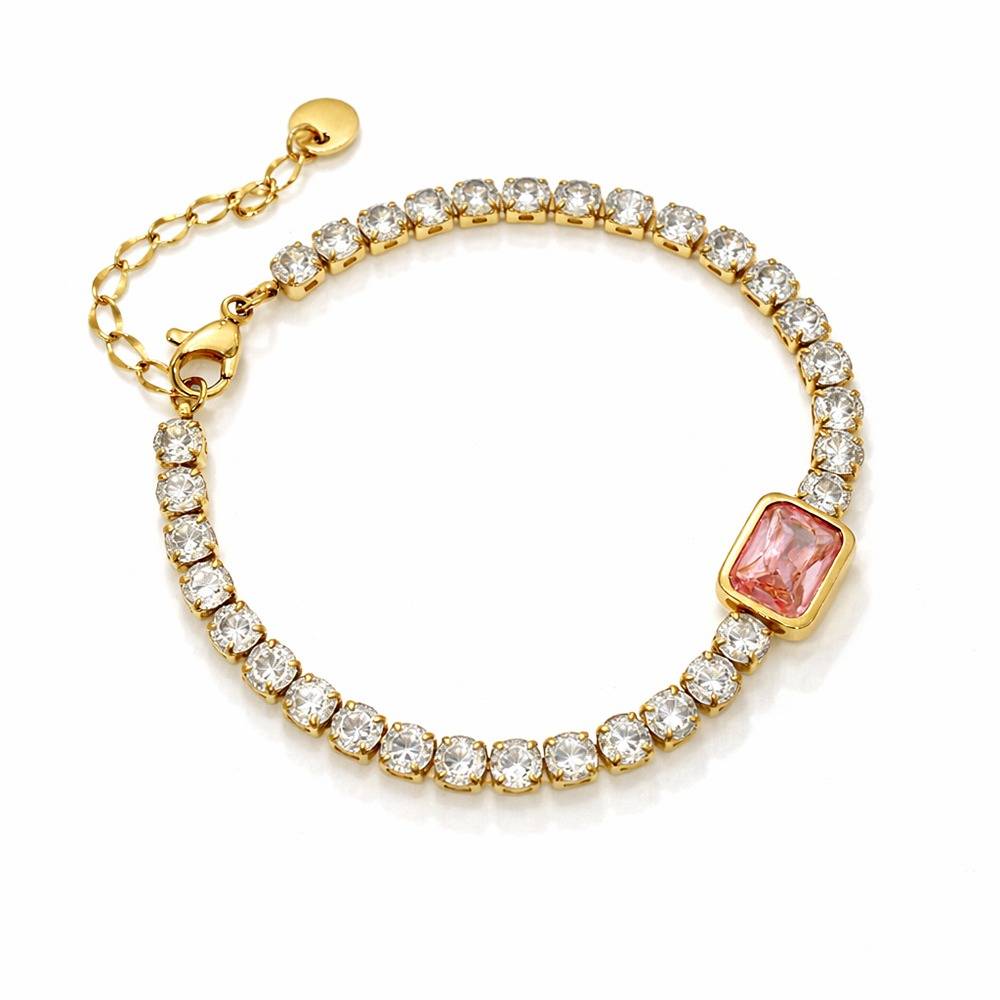 Gold Plated Pink Crystal Tennis Bracelet For Women | Elegant Party Wear Stone Bracelet : 100699