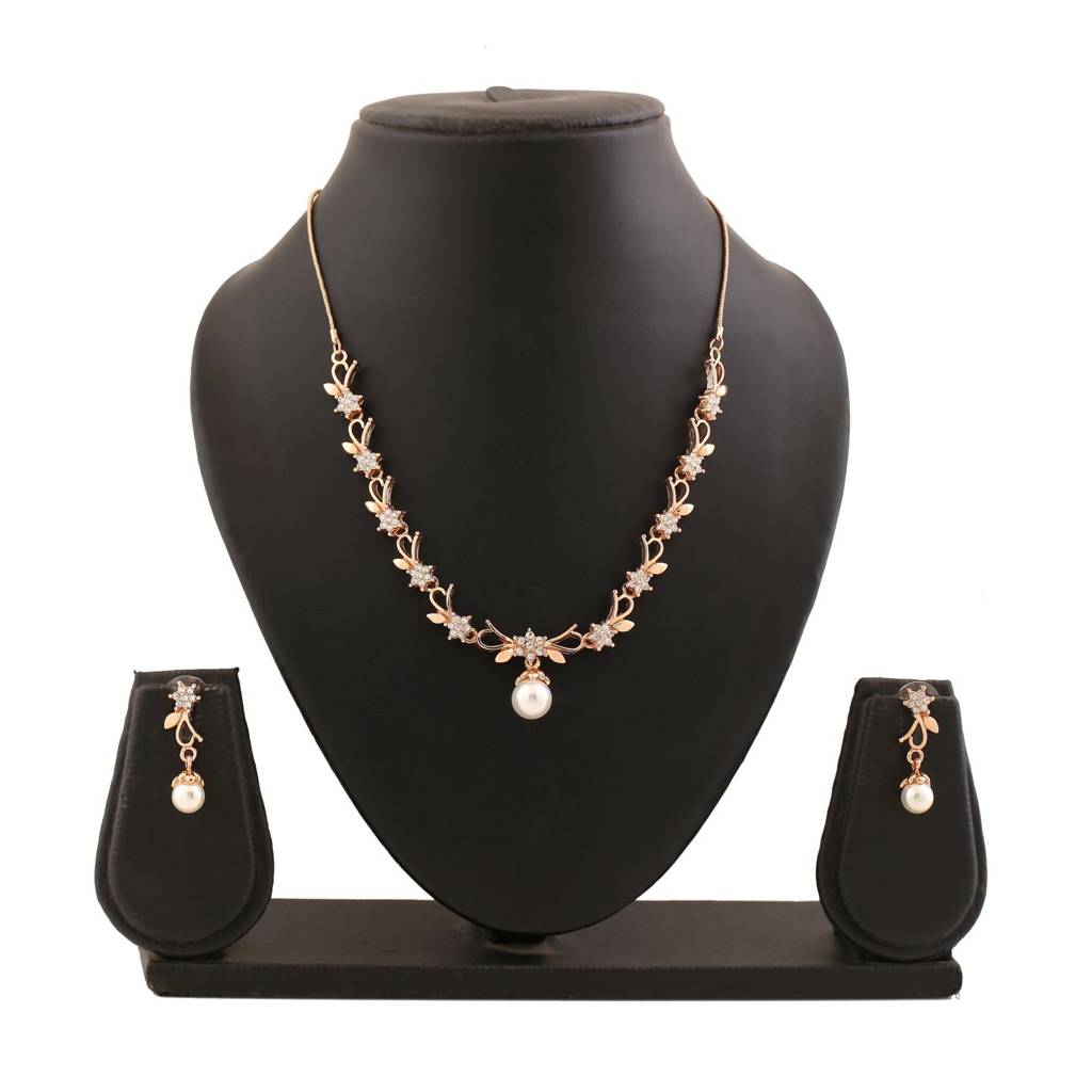 Estele Rose Gold Plated Elegant Blossom Designer Necklace Set With White Pearl For Women