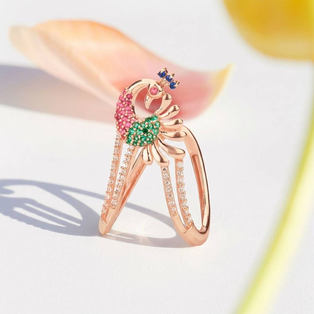 Regal Peacock Multi-Cz Rose Gold-Plated 925 Sterling Silver Ring : RNG-40374-RG
