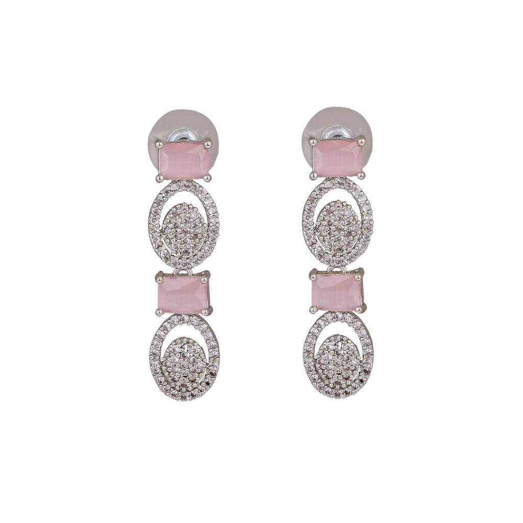 Estele Rhodium Plated Cz Elegant Necklace Set With Mint Pink Crystals For Women