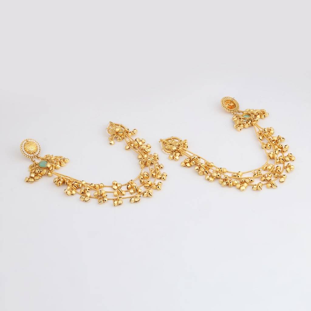 Gold Plated Studs With Ear Chains : S24KCER648GRN