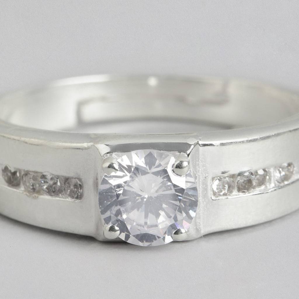 Cubic Ziconia Studded Solitaire 925 Sterling Silver Ring For Him (Adjustable) : RNG-40141