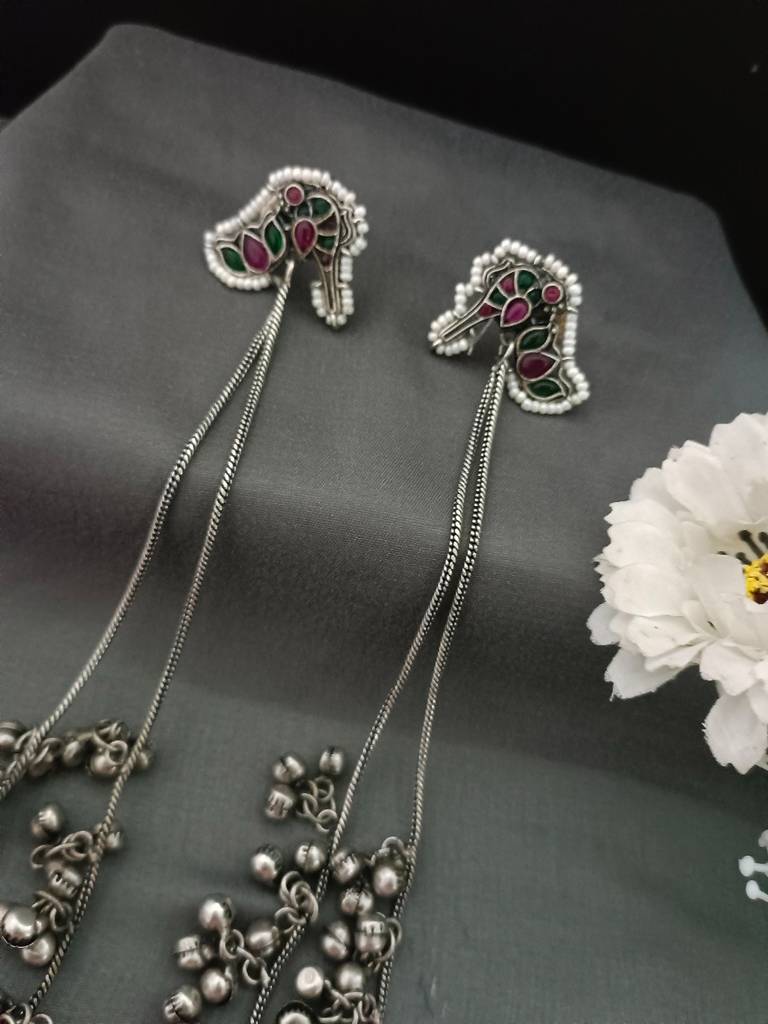 Kundan Studded & Ghungroo Beaded Tasselled Peacock Drop Meenakari Earrings : VS105315