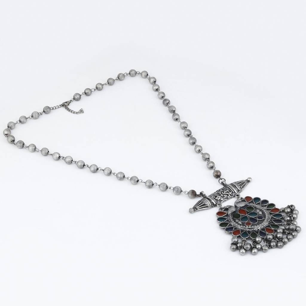 Silver Oxidised Finish Meenakari Jewellery Set : S24MRNKS397SLV